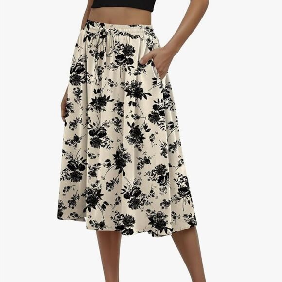 Black & Cream Floral Pattern Midi Skirt M - Picture 4 of 9